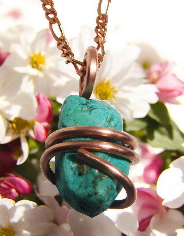 Gorgeous Hand Forged Natural Blue Turquoise Pendant Copper #122