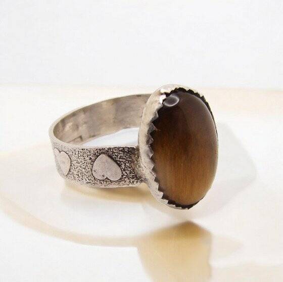 ENERGY RING JEWELRY ~VISIONS~ TIGER'S EYE WITH HEART FILLED STERLING SILVER #1