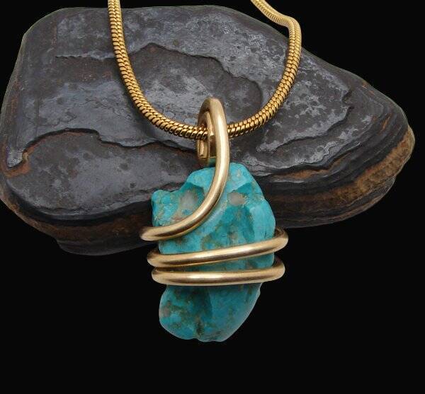 Gorgeous Hand Forged Natural Blue Turquoise Pendant Bronze Merlin's Gold #50