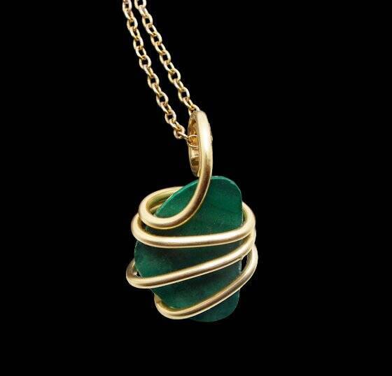 Forest Green Malachite Hand Forged Art Wrap Pendant in Merlin's Gold #5