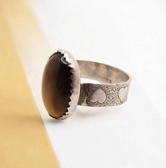 ENERGY RING JEWELRY ~VISIONS~ TIGER'S EYE WITH HEART FILLED STERLING SILVER #1