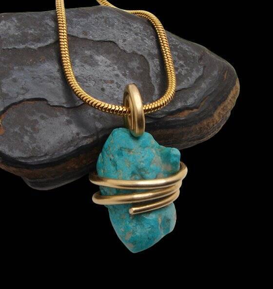 Gorgeous Hand Forged Natural Blue Turquoise Pendant Bronze Merlin's Gold #50