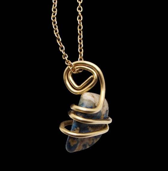 Rare Natural Lazulite Hand Forged Art Wrap Pendant Merlin's Gold #115