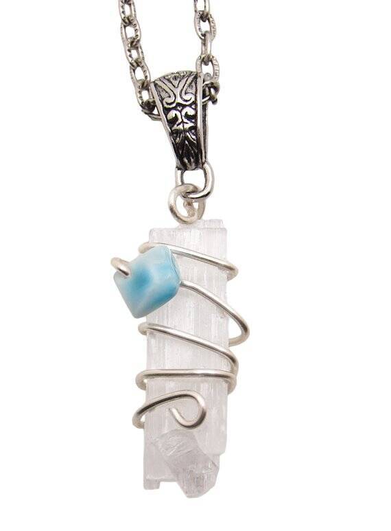 ONE LARIMAR SELENITE Wand Pendant Third Eye Crown Chakra Power Crystal #1