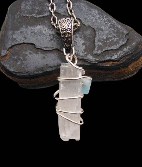 ONE LARIMAR SELENITE Wand Pendant Third Eye Crown Chakra Power Crystal #1